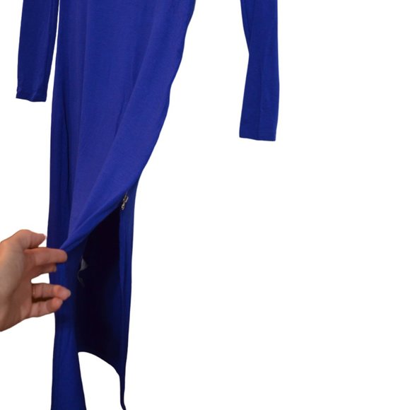 OODJI Blue Soft Thin Tricot Long Sleeves Zip Side Slit Dress (S) - Picture 6 of 6